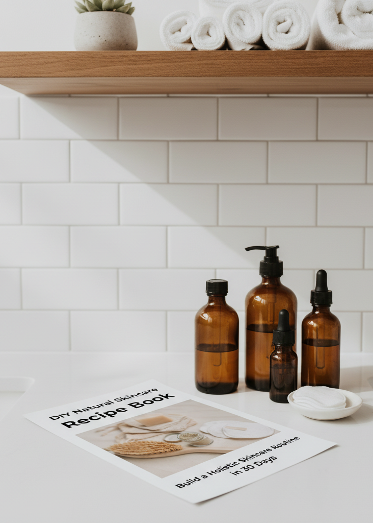 DIY Natural Skincare Recipe Book omslag i badrumsmiljö