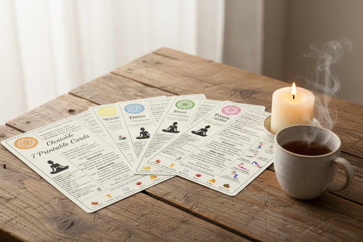 Lifestyle-bild med Chakra Cards på rustikt träbord