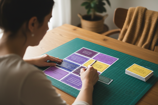 Lifestyle-foto av kvinna som skär affirmationskort med en kniv